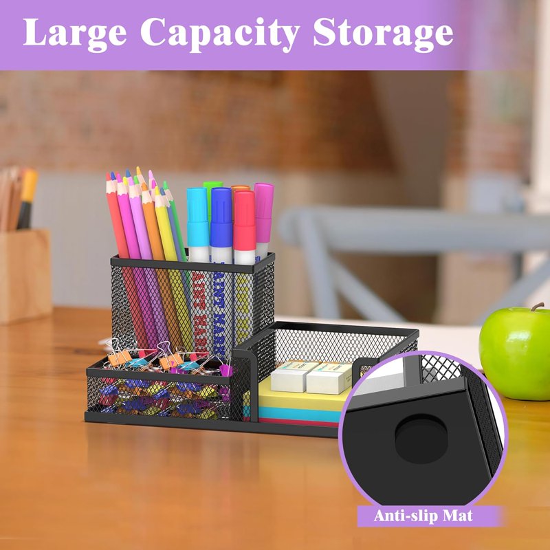 Mesh Pen Holder Desk Organizer with 3 Compartments - Office Supplies Storage