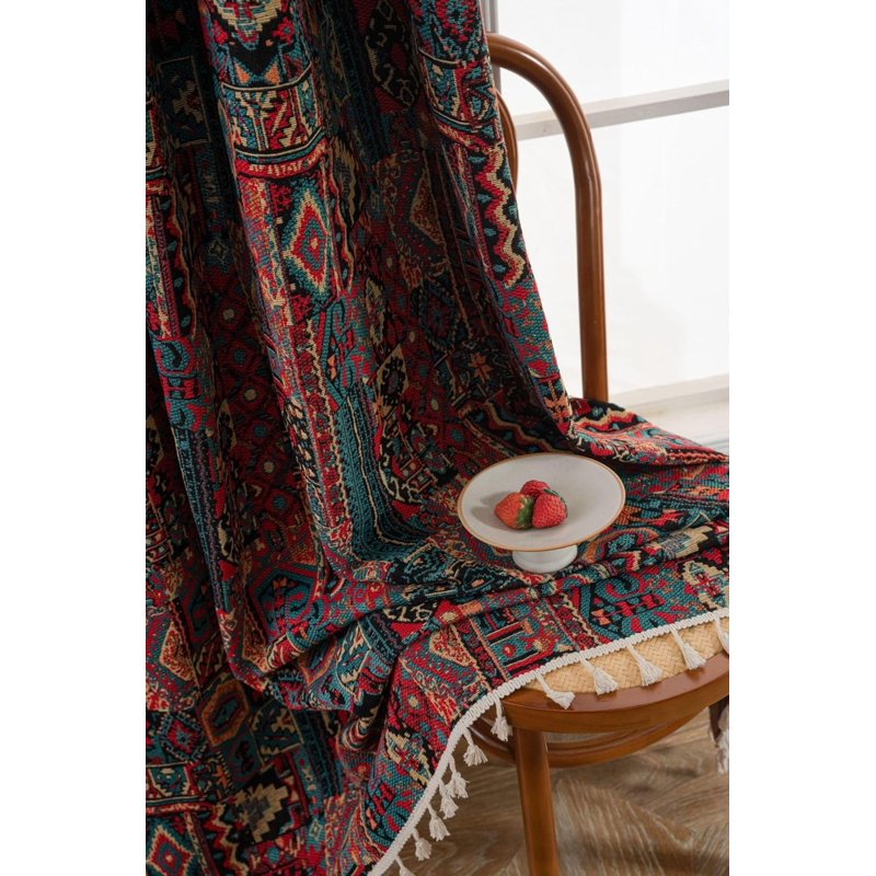 Boho Geometric Pattern Semi-Sheer Curtain Panel with Tassels - Multiple Sizes