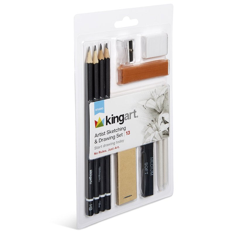 13-Piece Sketching and Drawing Kit with Pencils Charcoal Pastels Blending Tools