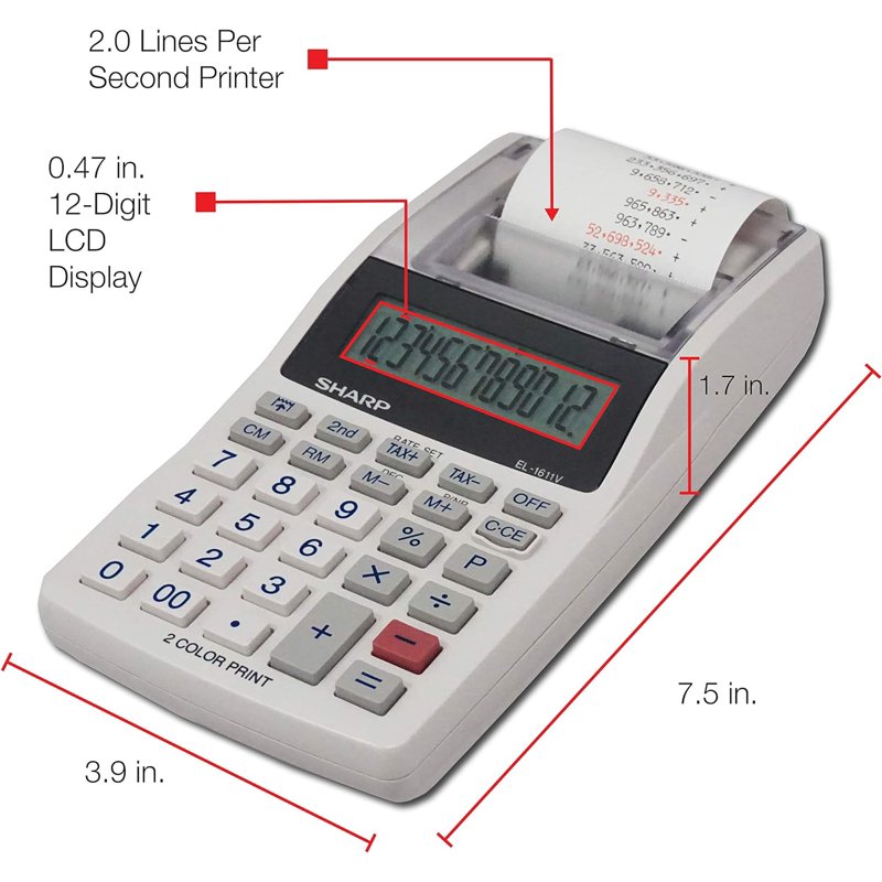 Handheld Printing Calculator with 12-Digit LCD & Dual-Color Printer