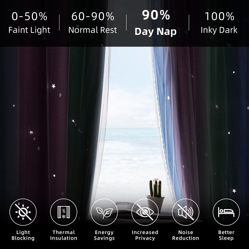 Kids Blackout Curtains with Star Cutouts - Double Layer Bedroom Window Drapes