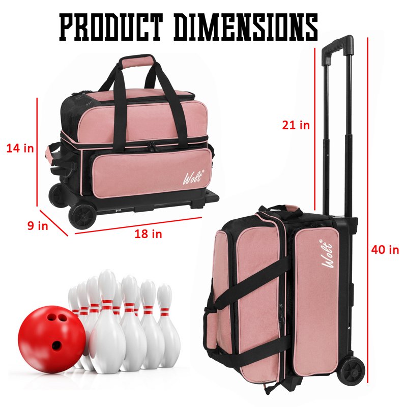 WOLT Lightpink Double Roller Bowling Bag for 2 Balls - 40" with Retractable Handle