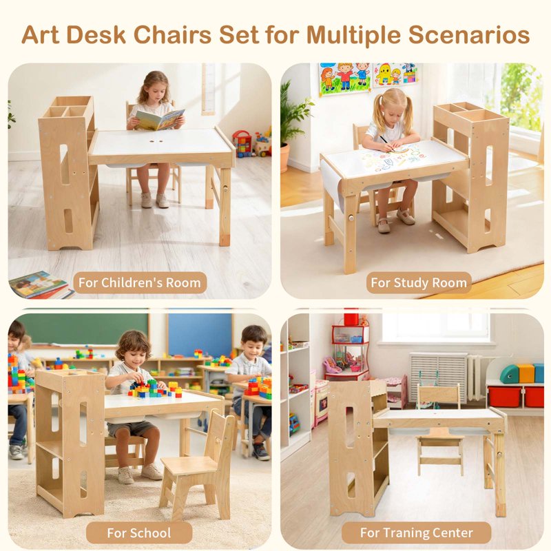 Adjustable Height Kids Activity Table with Storage Shelves and Chairs - Toddler Play Desk