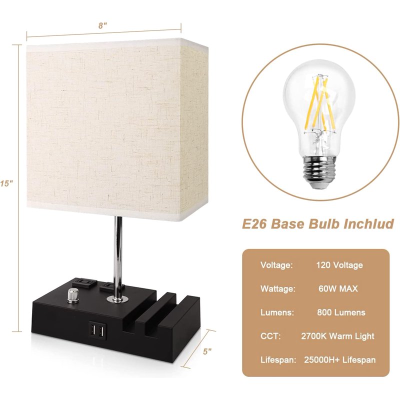 4 Pack Dimmable Bedside Table Lamps with USB Charging Ports & Phone Stands