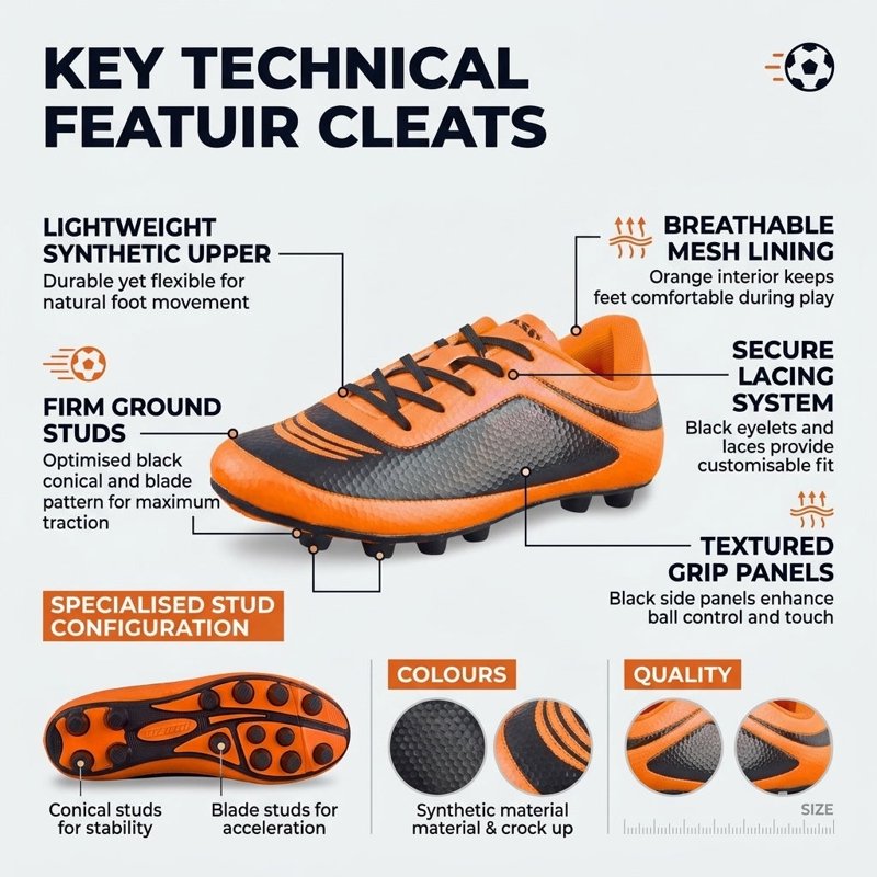 Vizari Kids Soccer Cleats Infinity Lightweight Durable Firm Ground Orange 9 Variation: 9, Orange Black