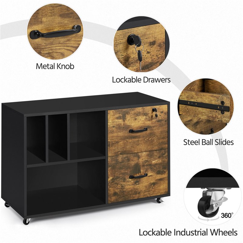 Rolling File Cabinet with 2 Drawers and Open Shelving - Rustic Brown Office Storage