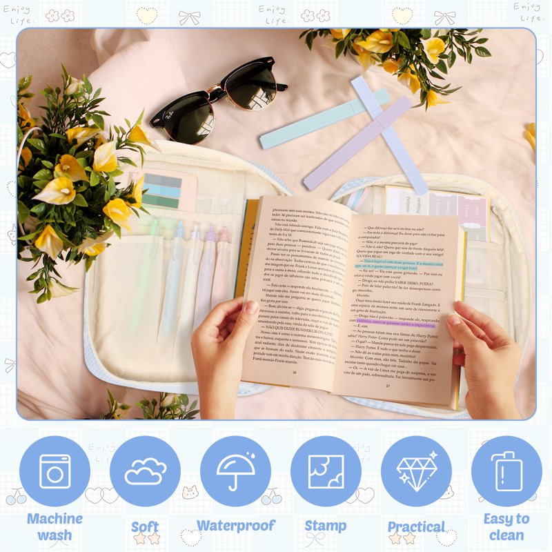 Blue Quilted Bible Cover Case for Women – Large Carrying Bag with 5 Pens, 12 Highlighters, 75 Bookmarks & 200 Labels
