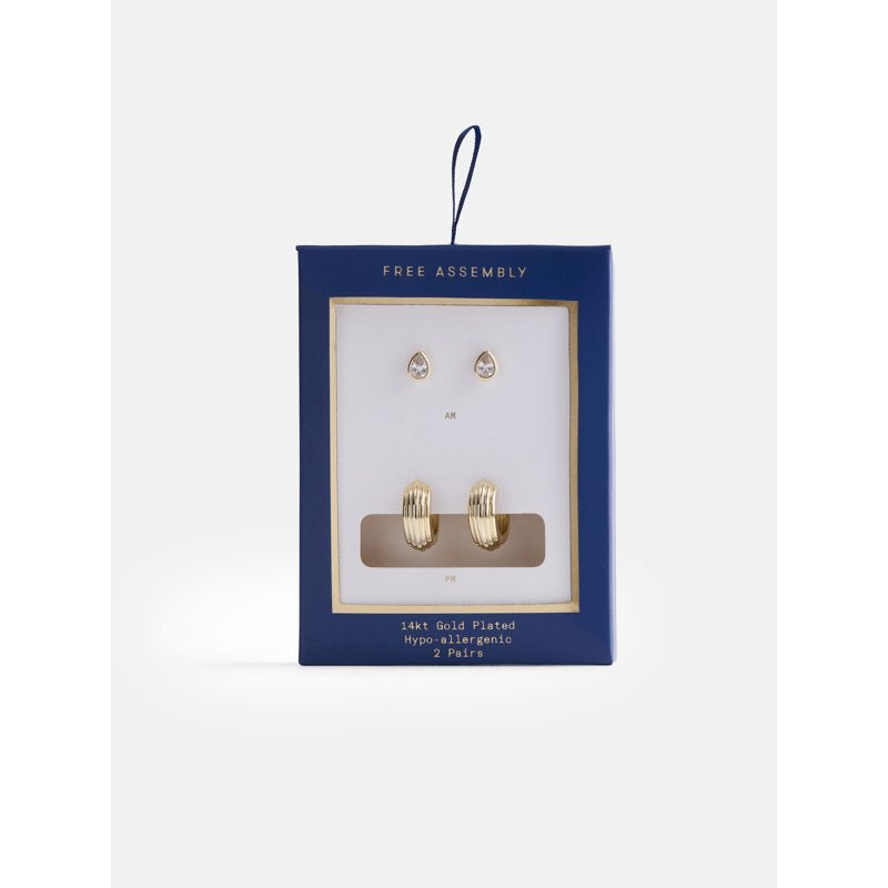 Women’s Gold-Plated Cubic Zirconia Teardrop & Hoop Earring Set - 2 Pairs