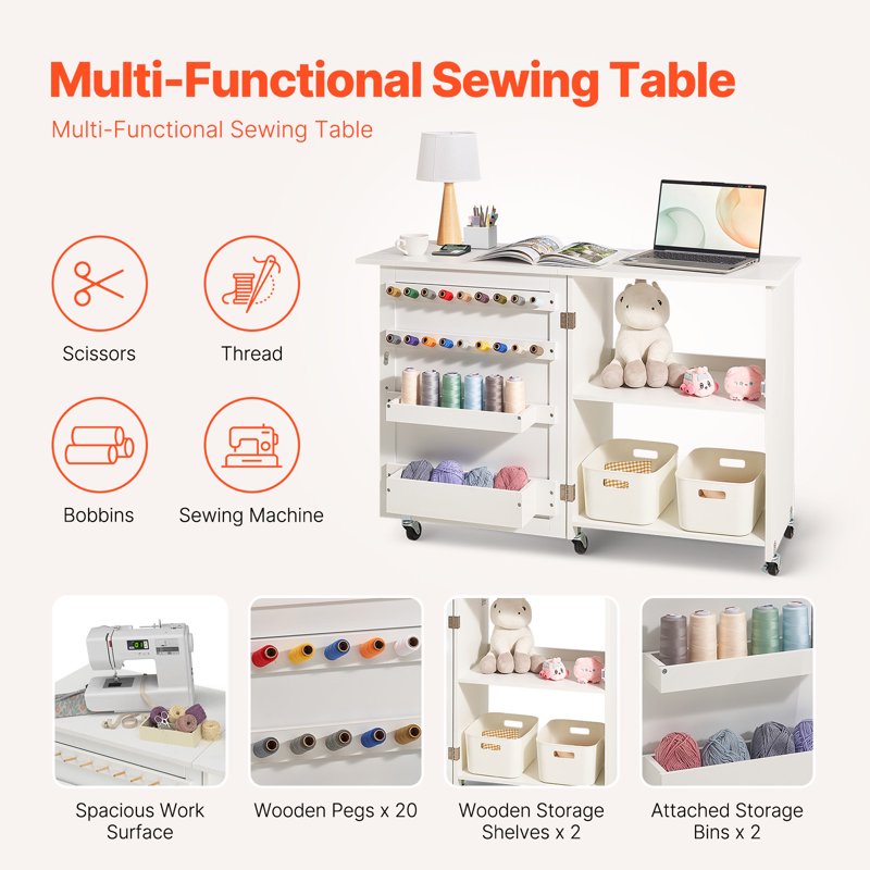 Multi-Functional Folding Sewing Table with Storage and Casters