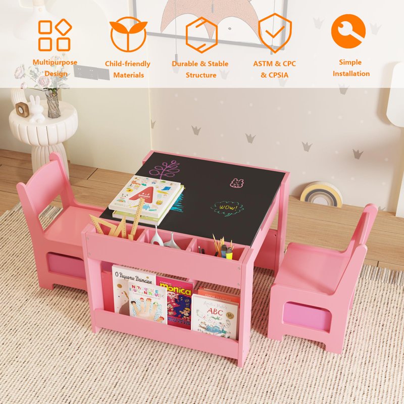 Kids 4-in-1 Wooden Activity Table and Chair Set with Storage for Toddlers