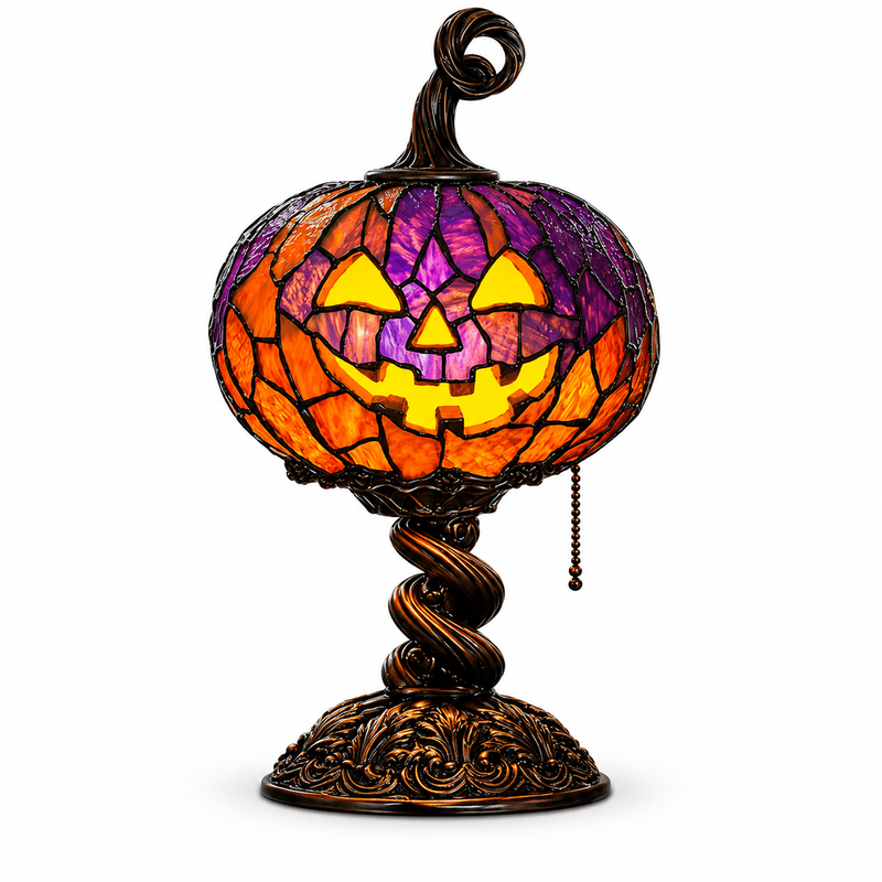 Halloween Stained Glass Pumpkin Table Lamp 9 Inch Jack O Lantern Desk Light