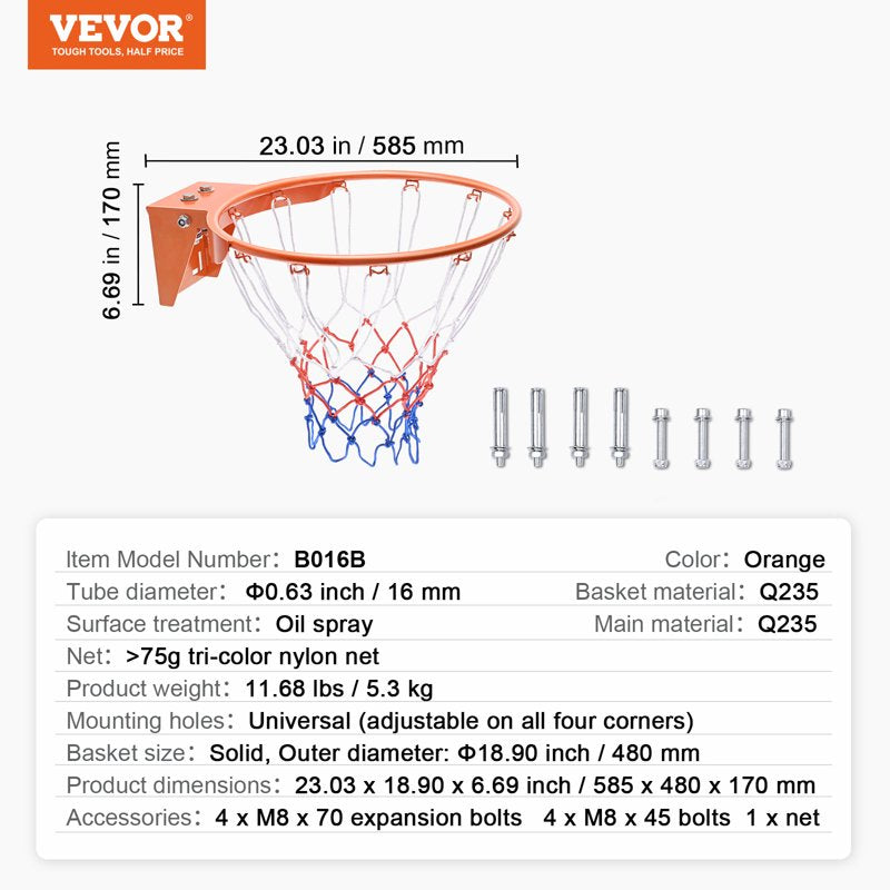 Heavy Duty Wall-Mounted Basketball Rim 18 Inch Indoor Outdoor Hoop with Net