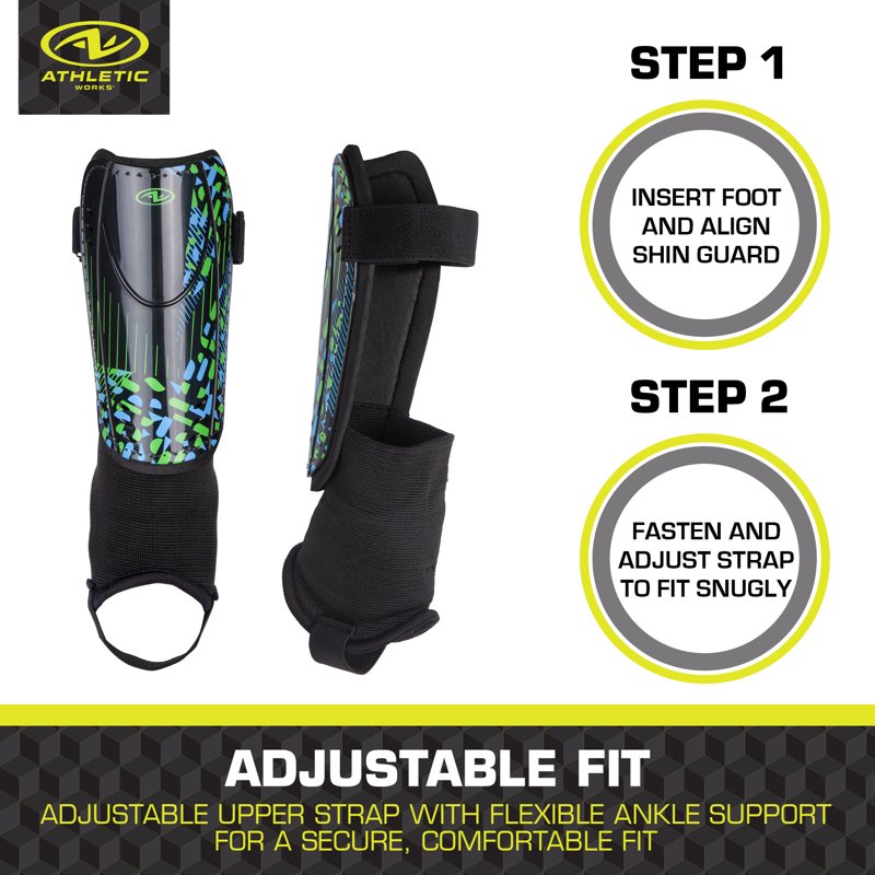 Athletic Works Small Soccer Shin Guards for Kids - PP Shell, Black/Blue/Green (Variation 2, S)