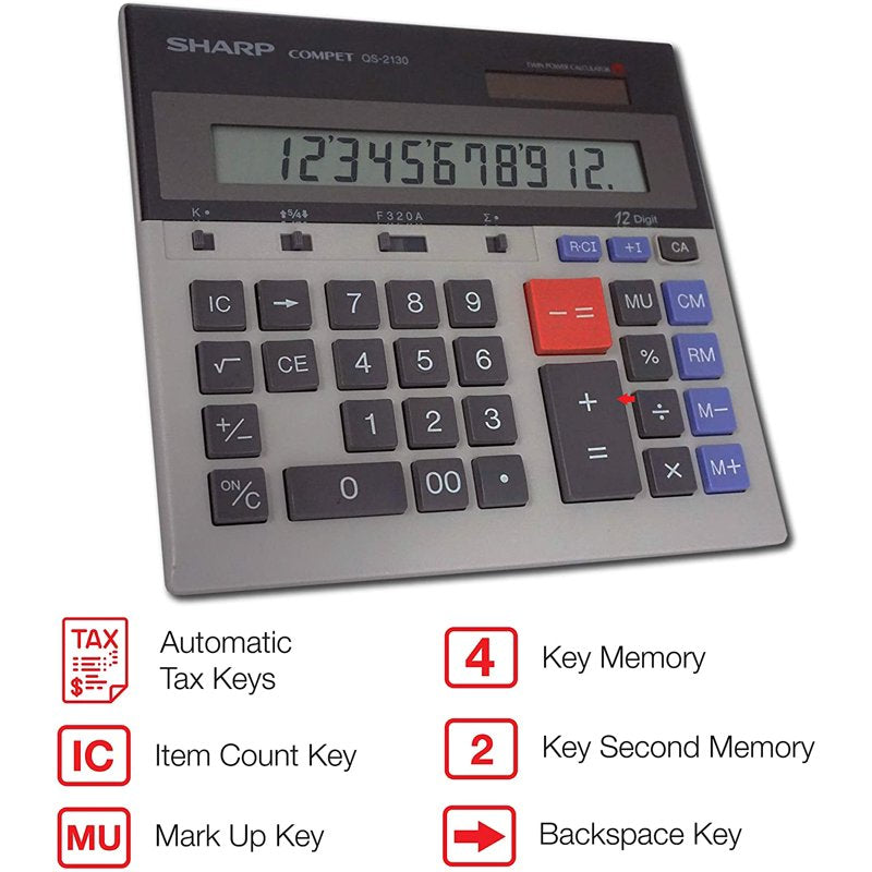 Compact Desktop Calculator with Solar Power and Memory - Sharp QS-2130