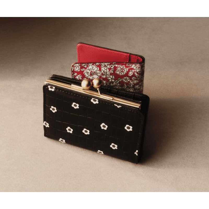 Croco Textured Women's Kiss Lock Wallet with Floral Accents