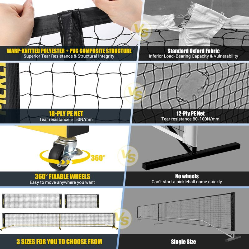Portable Pickleball Net Set with Wheels - 3 Size Options, All-Weather Durable, Carry Bag & Easy Takedown