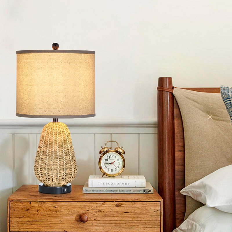 Modern Rattan Table Lamp with USB Charging Ports - Dimmable Bedside Lamp
