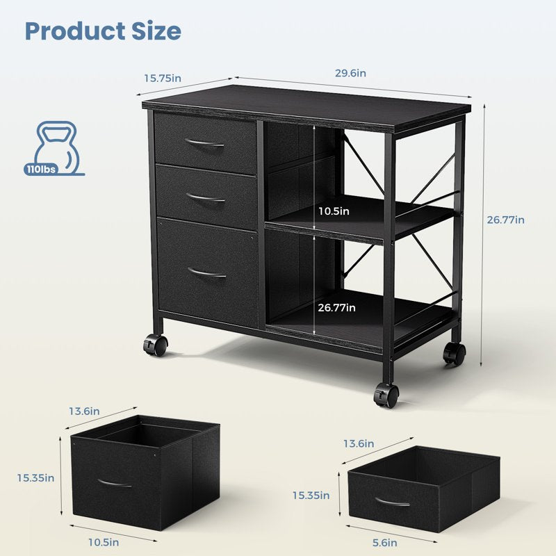 3-Drawer Mobile File Cabinet with Open Shelf for Home Office - Black