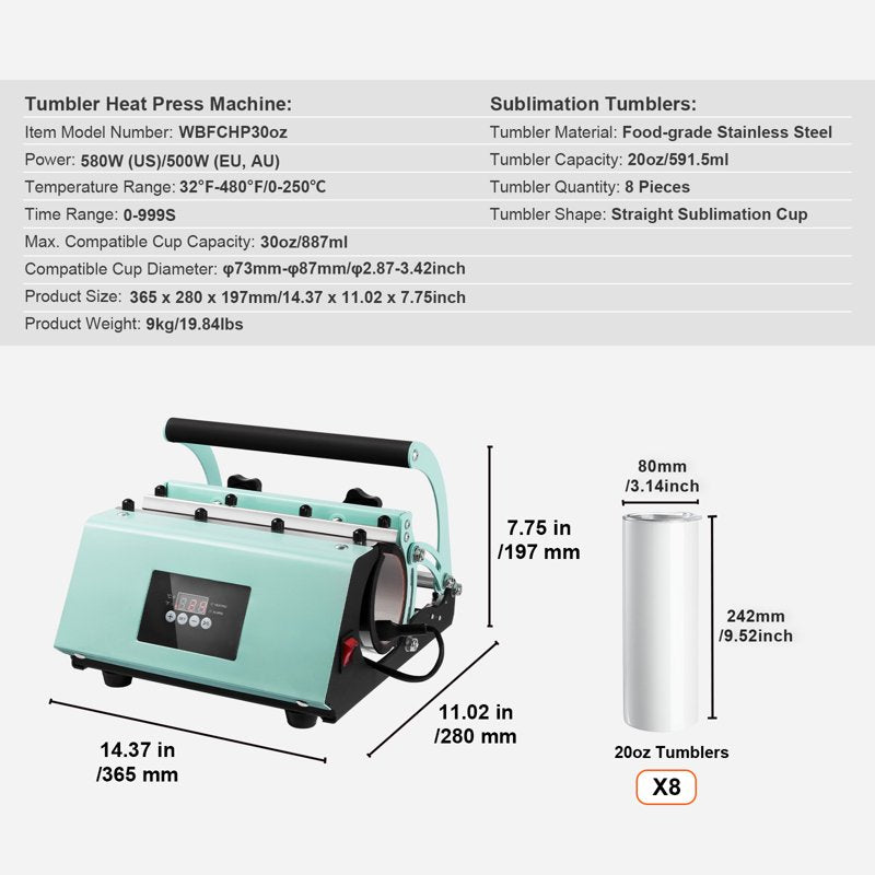 Heat Press Tumbler Set for 11-30oz Cups with 8 20oz Sublimation Tumblers