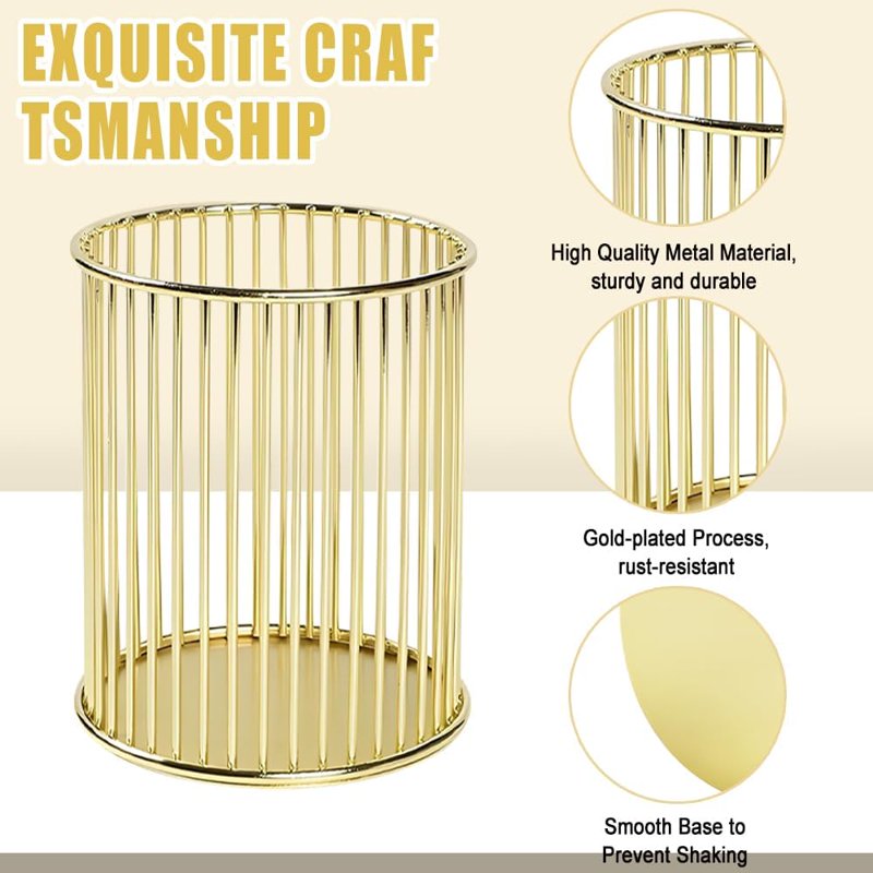 Gold Metal Pen Holder Set - Desk Organizer for Office & Makeup