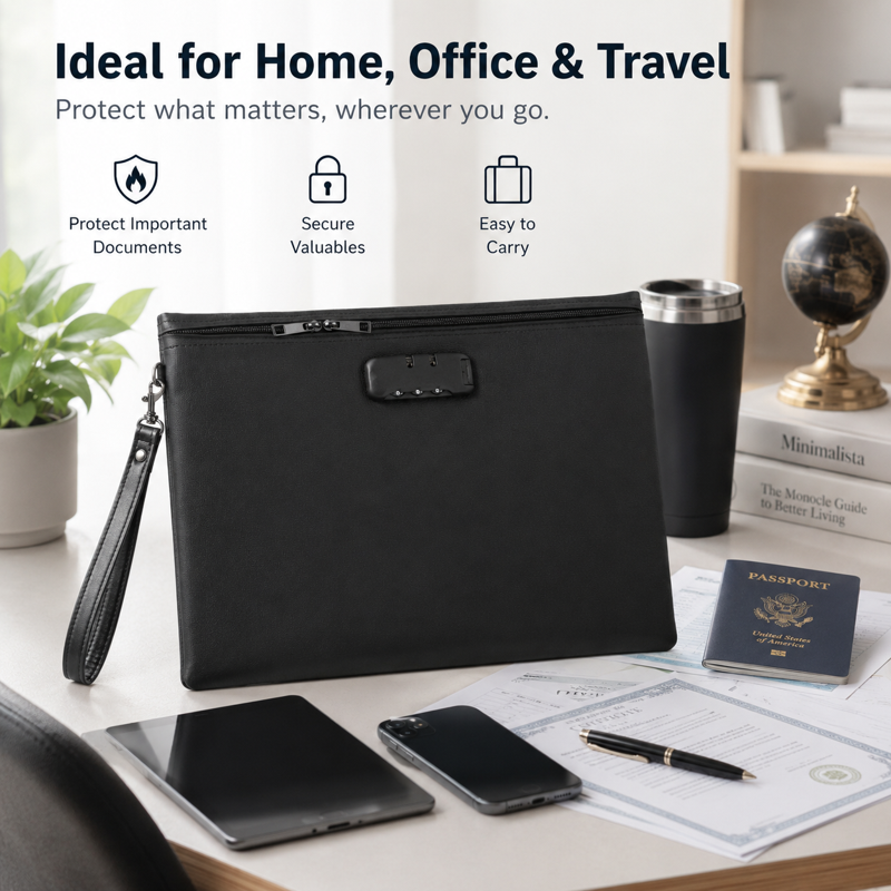 Fireproof Waterproof Document Bag with Lock, A4 Size, Travel & Office Storage
