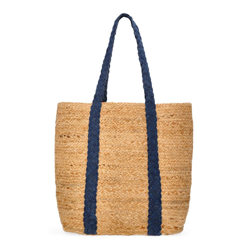 Women's Beach Tote Bag with Jute Material and Tassel - Natural Blue Denim