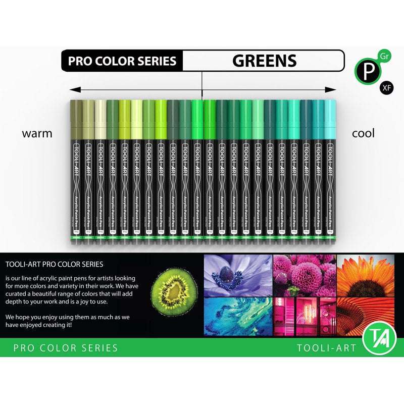 Green Acrylic Paint Pens 22-Color Set 0.7mm Extra-Fine Tip - Pro Color Series, TOOLI-ART, Variation: Green