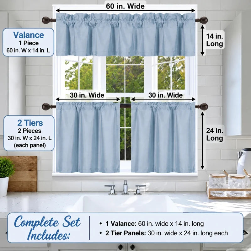 Faux Silk Blackout Kitchen Curtain Set - 3 Piece Window Treatment, Multiple Colors