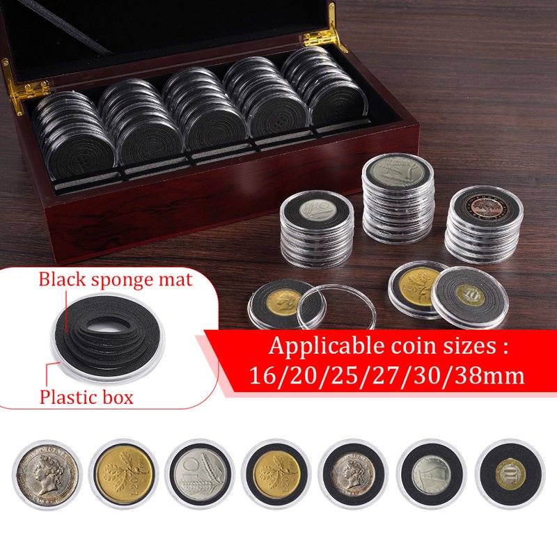 Wooden Coin Storage Box Organizer with Foam Gaskets - Multiple Sizes, 50Pcs