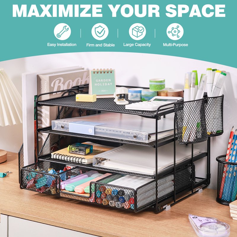Multi-Tier Desk Organizer with File Drawers and Pen Holders - Office Storage Solution