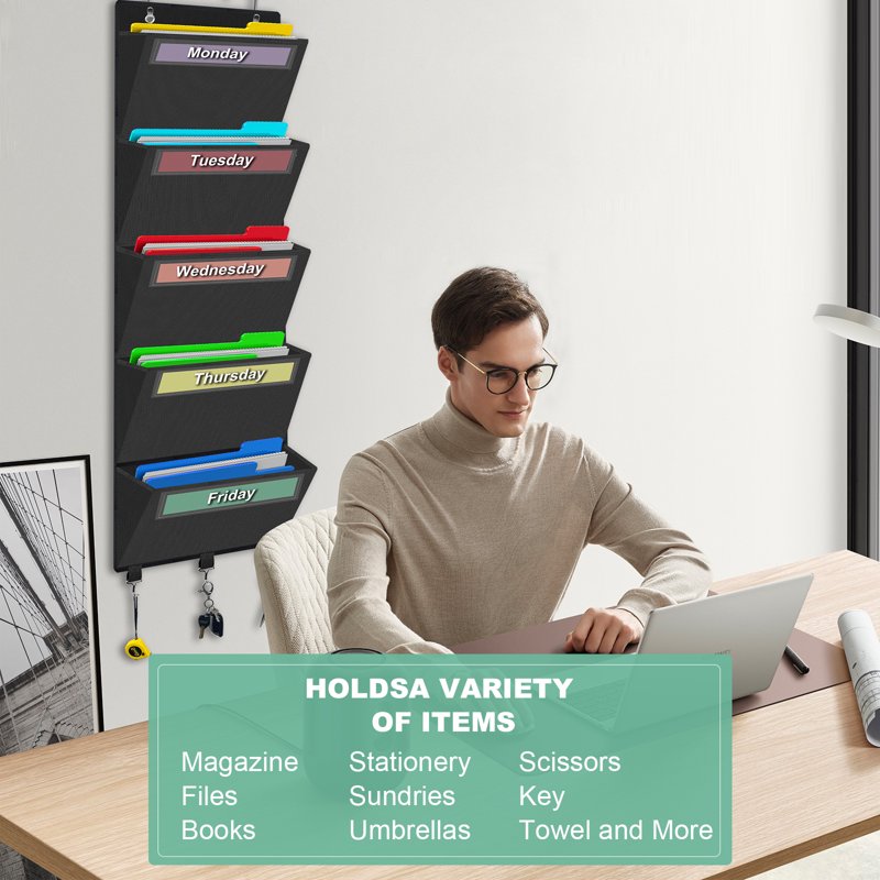 Over the Door File Organizer with 5 Large Pockets Wall Mount for Office & Home Storage