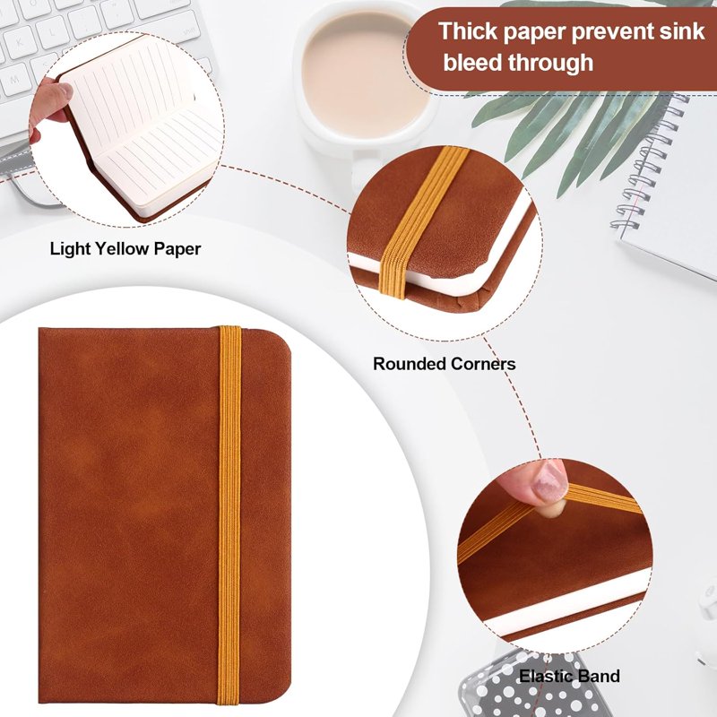 Leather Pocket Notebook Set - Mini A7 Notepad 4.33 x 3.14 Inch with Elastic Band, 10 Black Journals