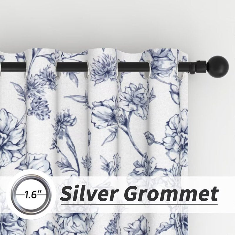 Blue Floral Pattern Blackout Curtains Set of 2 - Room Darkening Grommet Drapes 42x63 Inches