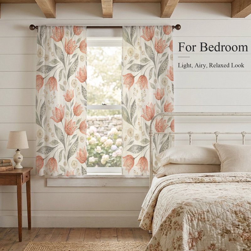 Peach Floral Sheer Curtains Set - 2 Panels, Farmhouse Botanical Window Treatment