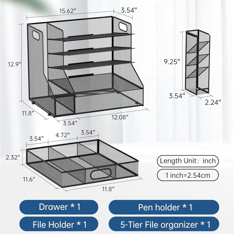 INTIGE 5-Tier Mesh Desk Organizer with File Holder, Pen Holder & Drawer (Black) – Includes A4 Paper Tray