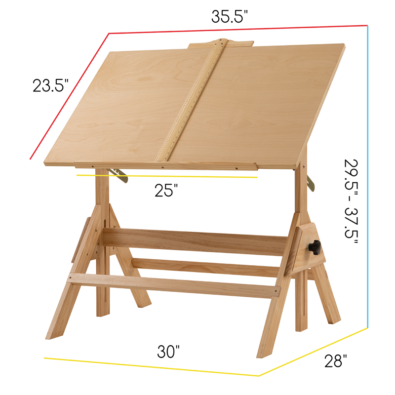 Adjustable Wooden Drafting Table with Tilt Top and Pencil Ledge - Natural Finish