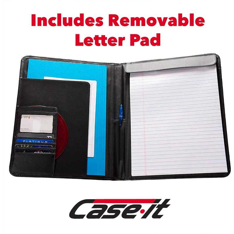 Leatherette Padfolio with Writing Pad and Organizer - Black