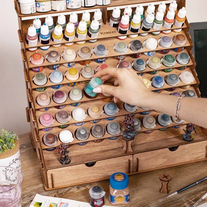 Wooden Paint Rack with 74 Bottle Capacity, Brush Holes & Storage Cabinets