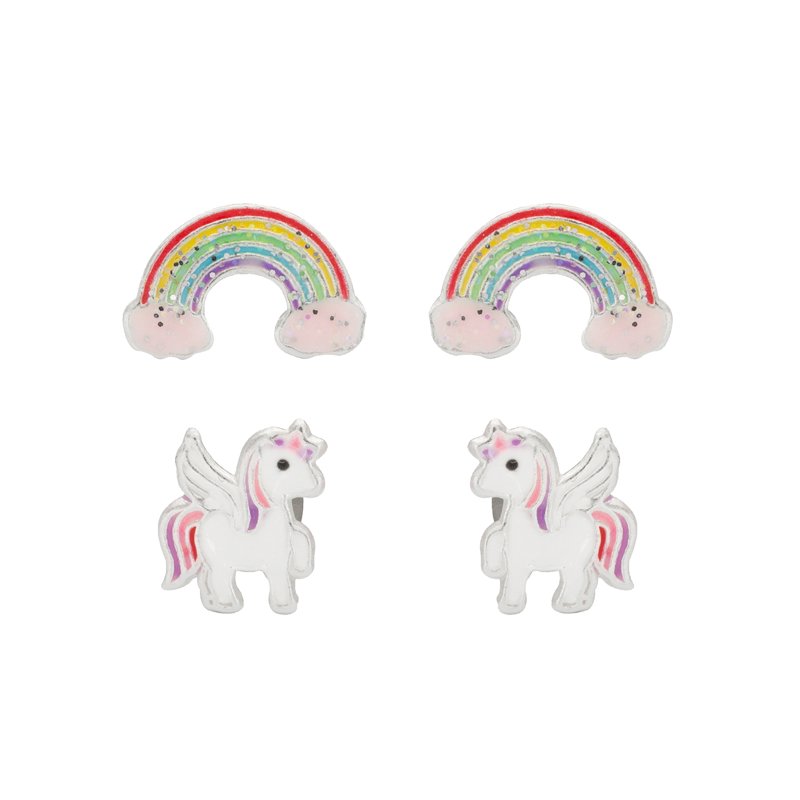 Sterling Silver Rainbow & Unicorn Stud Earrings Set for Girls