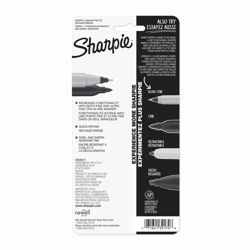 Sharpie Twin Tip Permanent Markers - Fine & Ultra Fine Black, 4 Pack