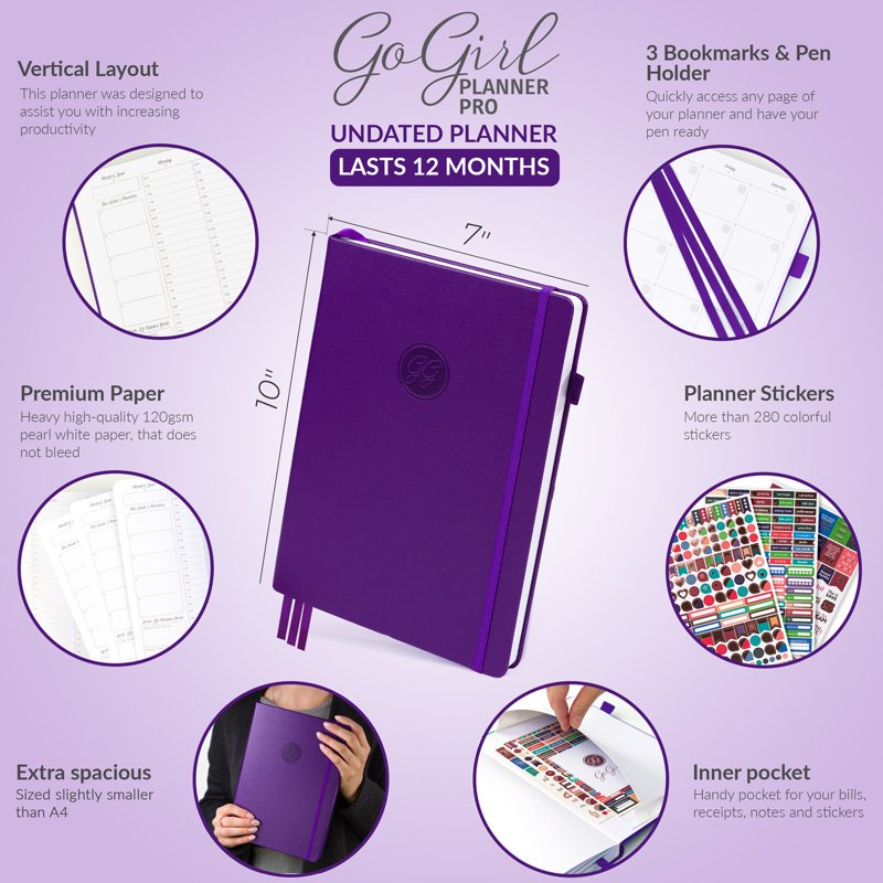 Undated Weekly Hourly Planner with Goal Setting and Budget Pages – 7x10 Hardcover