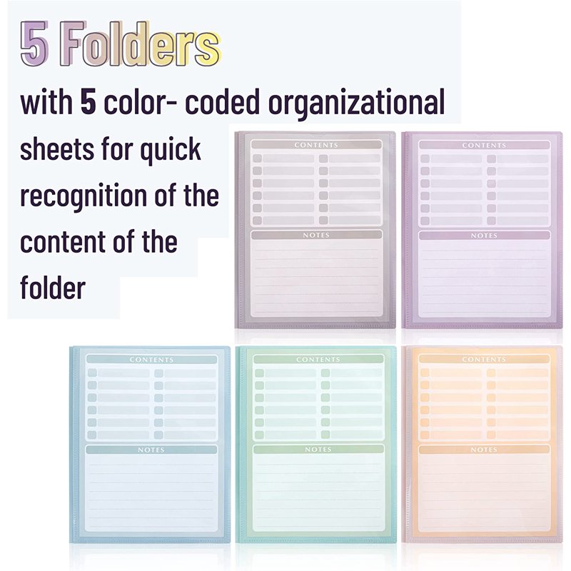 Plastic Pocket Folders Set with Clear Front Pockets - 5 Assorted Colors, 11.4 x 9.3 Inches