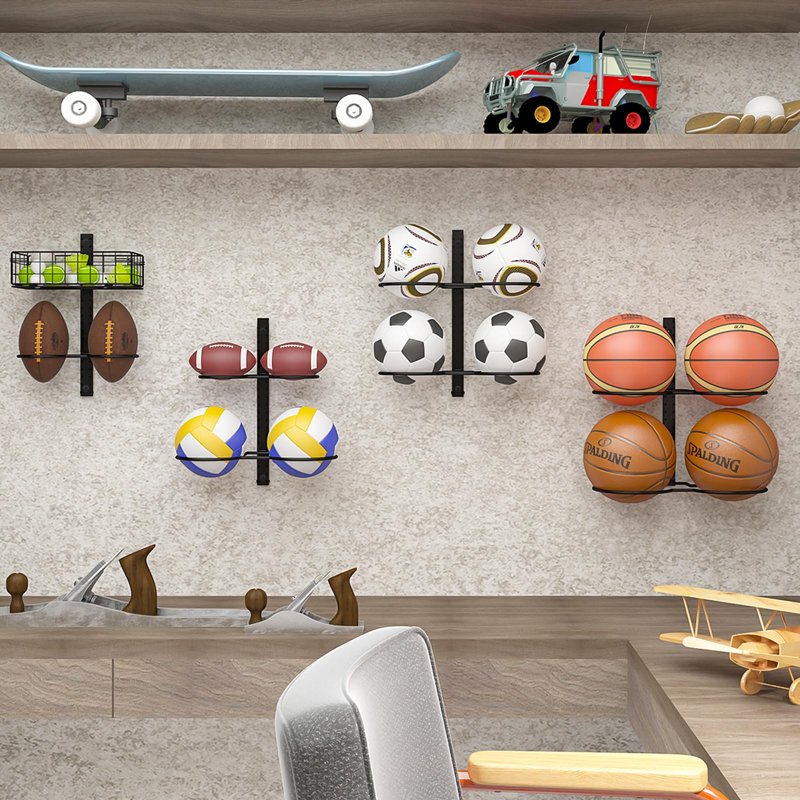 Wall-Mounted & Floor Standing Sports Ball Rack Organizer with Adjustable Hooks
