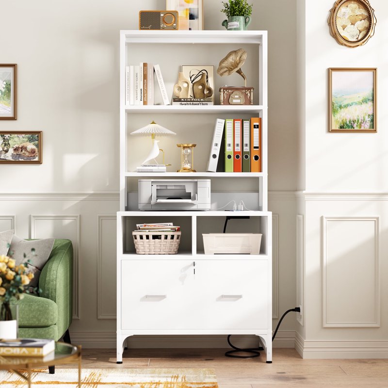 Vertical File Cabinet with Charging Station and Lock - Large Drawer for Letter A4 Legal Files, Home Office Storage, White