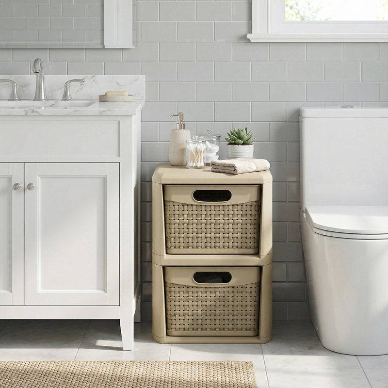 2-Drawer Storage Cabinet with Wicker Pattern Handles for Bedroom Bathroom - Compact Organizer