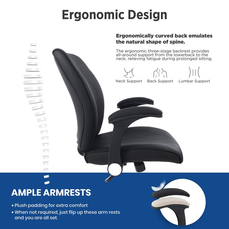 Ergonomic Drafting Chair with Flip-Up Arms and Foot Ring - Black