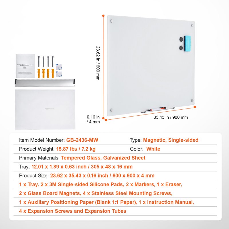 Magnetic Glass Dry Erase Board 36x24 Frameless Wall Mount Whiteboard for Office Home School