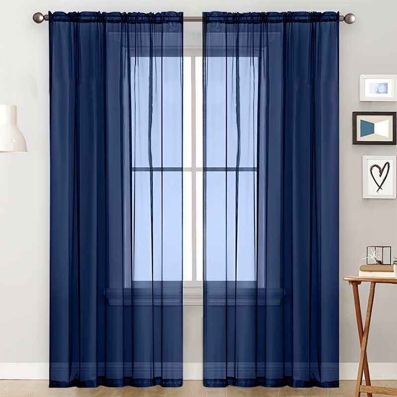 Semi Sheer Window Curtains for Bedroom & Living Room Rod Pocket Light Filtering Drapes - Navy, White, Black