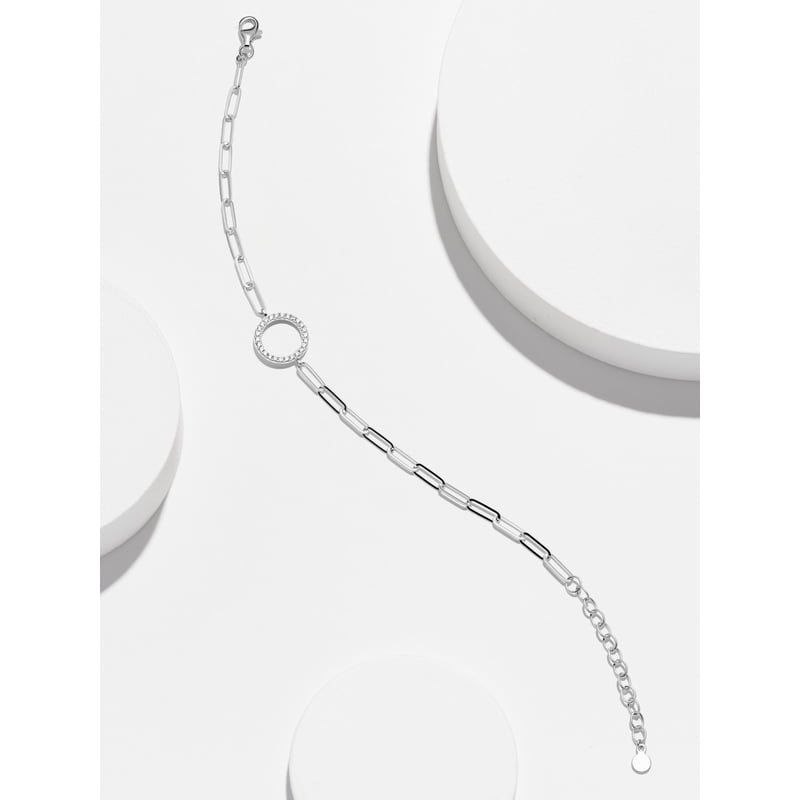 Sterling Silver CZ Circle Paperclip Bracelet - Adjustable 6.75" + 1.25" Extender