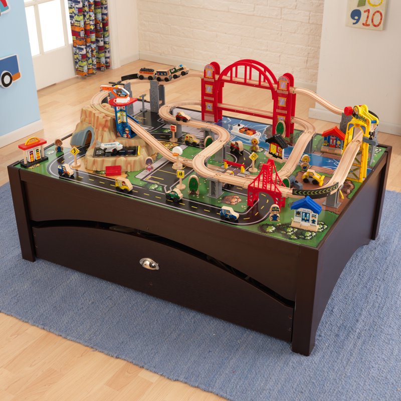 Wooden Train Set & Table with 100 Pieces Storage Drawer Kids Play